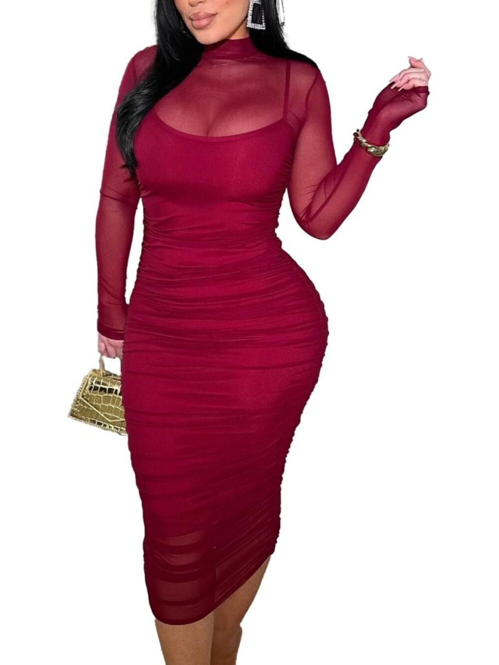Women's B-Burgundy Mesh Printed 2Piece Skirt See Through Neck Midi Bodycon Dress